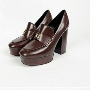 Coach 10 Preppy Academia Platform Chic Loafer Pumps Brown Leather New